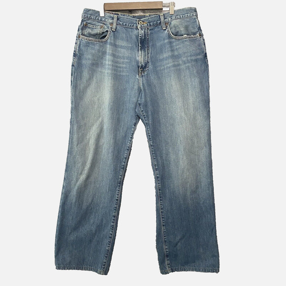 Lucky Brand Jeans Mens 36 x 30 Blue Bootleg Zip Fly Distressed - Picture 1 of 10